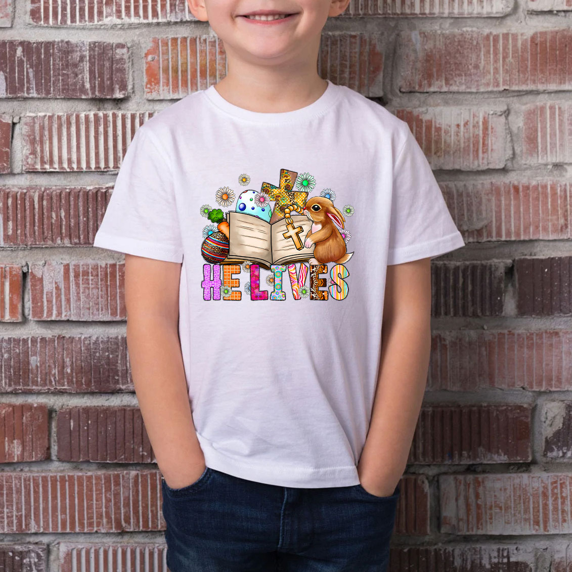 He Lives Bunny Cross Easter Kids T-Shirt