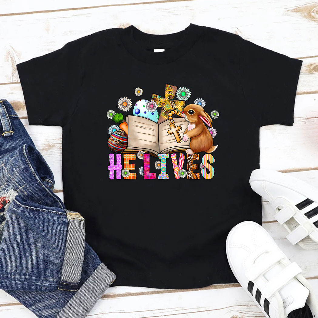 He Lives Bunny Cross Easter Kids T-Shirt