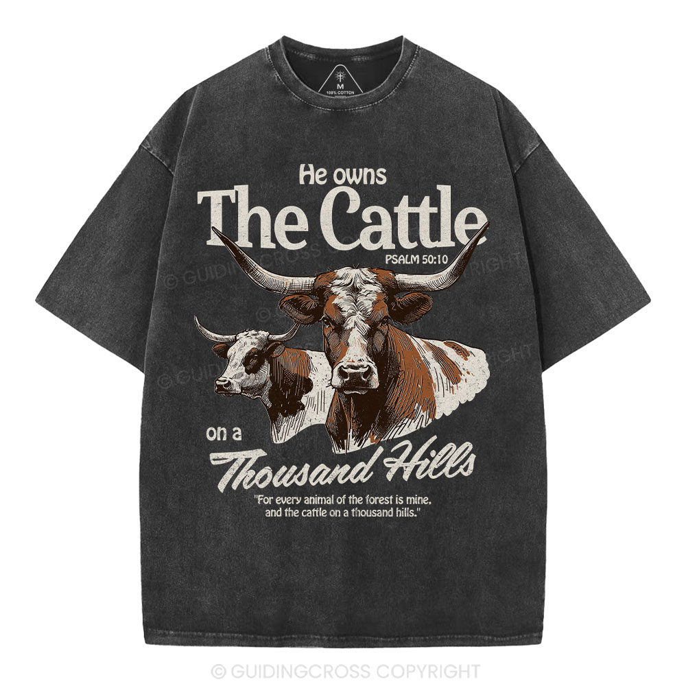He Owns The Cattle On A Thousand Hills Christian Washed T-Shirt