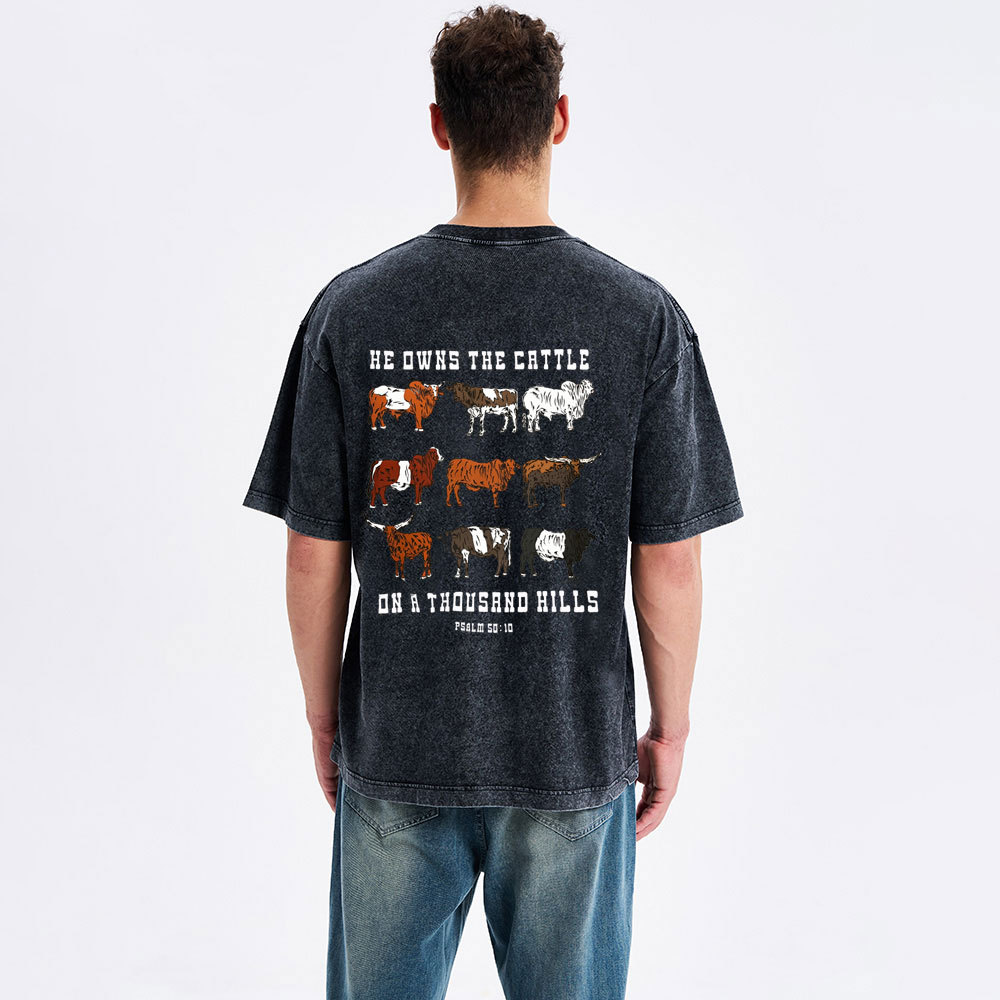 He Owns The Cattle On A Thousand Hills Christian Washed T-Shirt