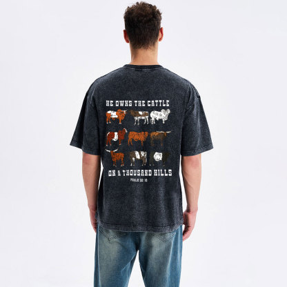 He Owns The Cattle On A Thousand Hills Christian Washed T-Shirt