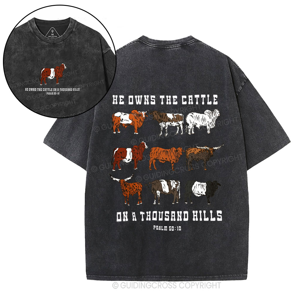 He Owns The Cattle On A Thousand Hills Christian Washed T-Shirt