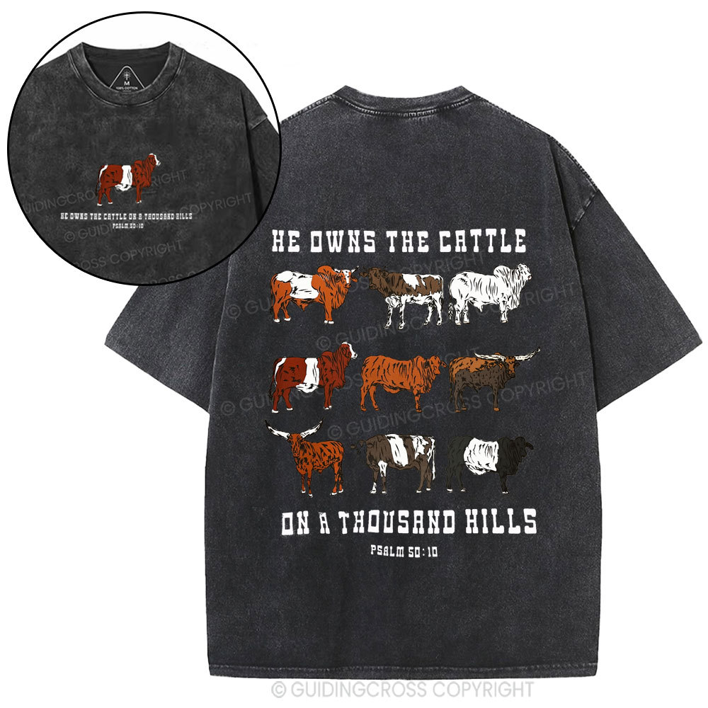 He Owns The Cattle On A Thousand Hills Christian Washed T-Shirt