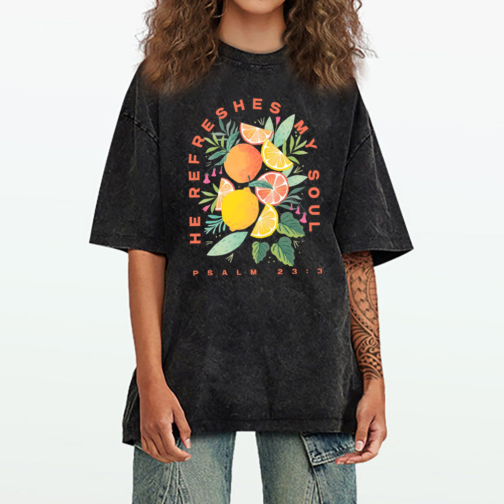 He Refreshes My Soul Fruit Christian Washed T-Shirt