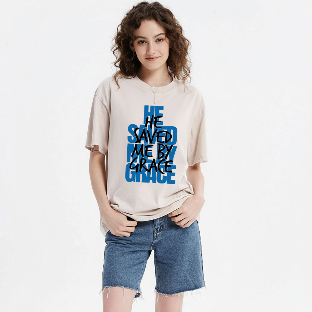 He Saved Me By Grace Christian Washed T-Shirt