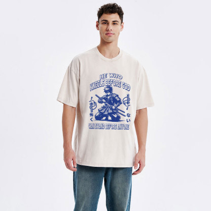 He Who Kneels Before God Christian Washed T-Shirt
