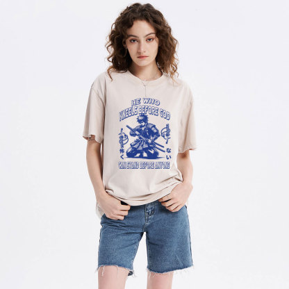 He Who Kneels Before God Christian Washed T-Shirt