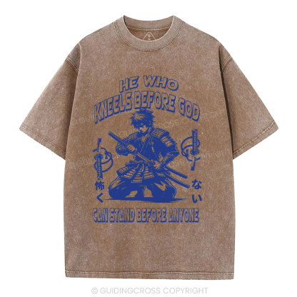 He Who Kneels Before God Christian Washed T-Shirt