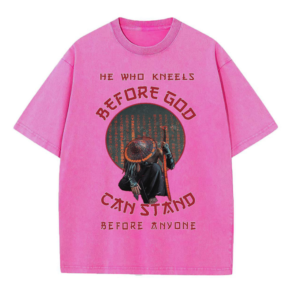 He Who Kneels Before God Christian Washed T-Shirt
