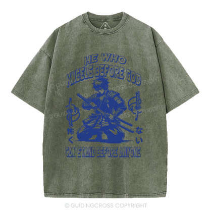 He Who Kneels Before God Christian Washed T-Shirt