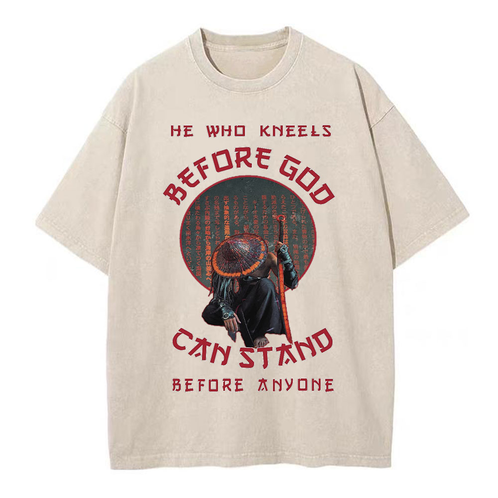 He Who Kneels Before God Christian Washed T-Shirt