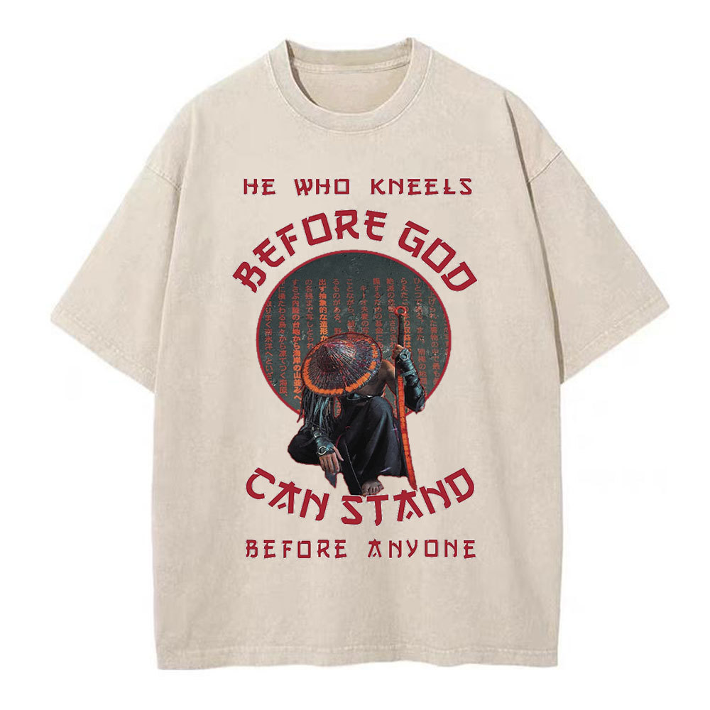 He Who Kneels Before God Christian Washed T-Shirt