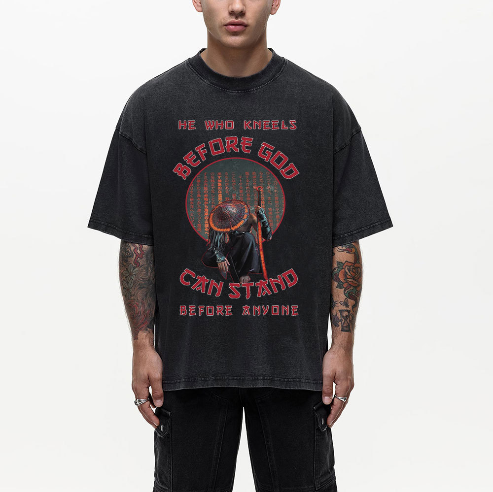 He Who Kneels Before God Christian Washed T-Shirt