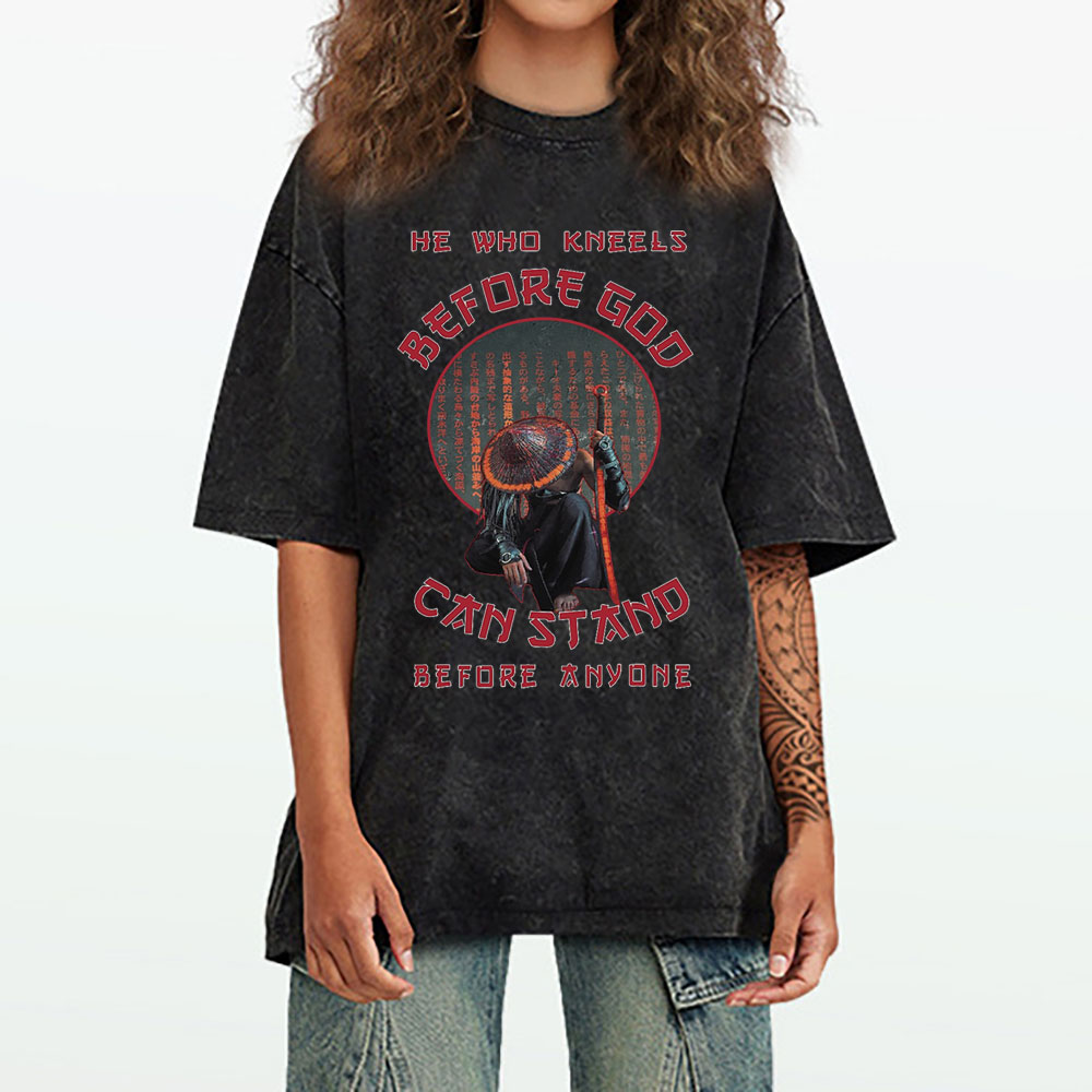 He Who Kneels Before God Christian Washed T-Shirt