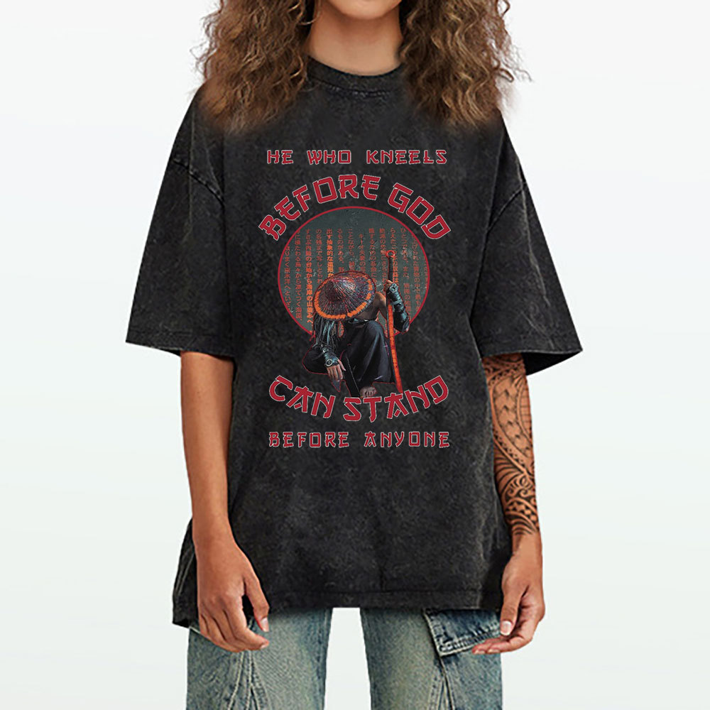 He Who Kneels Before God Christian Washed T-Shirt