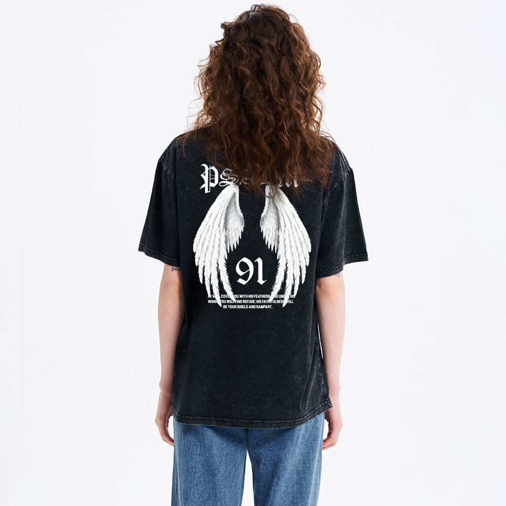 He Will Cover You With His Feathers Christian Washed T-Shirt