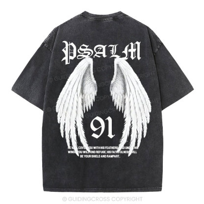 He Will Cover You With His Feathers Christian Washed T-Shirt