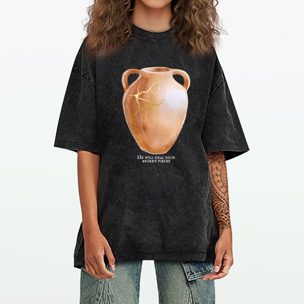He Will Heal Your Broken Pieces Christian Washed T-Shirt