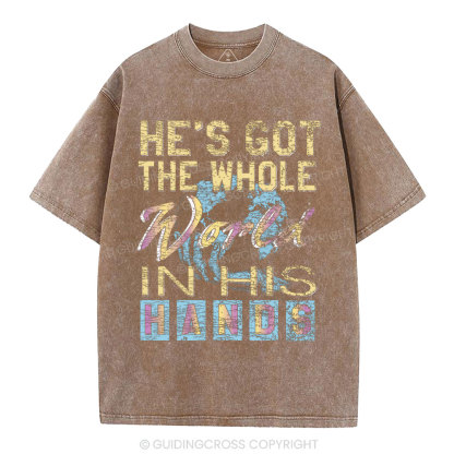 He's Got The Whole Word In His Hands Christian Washed T-Shirt