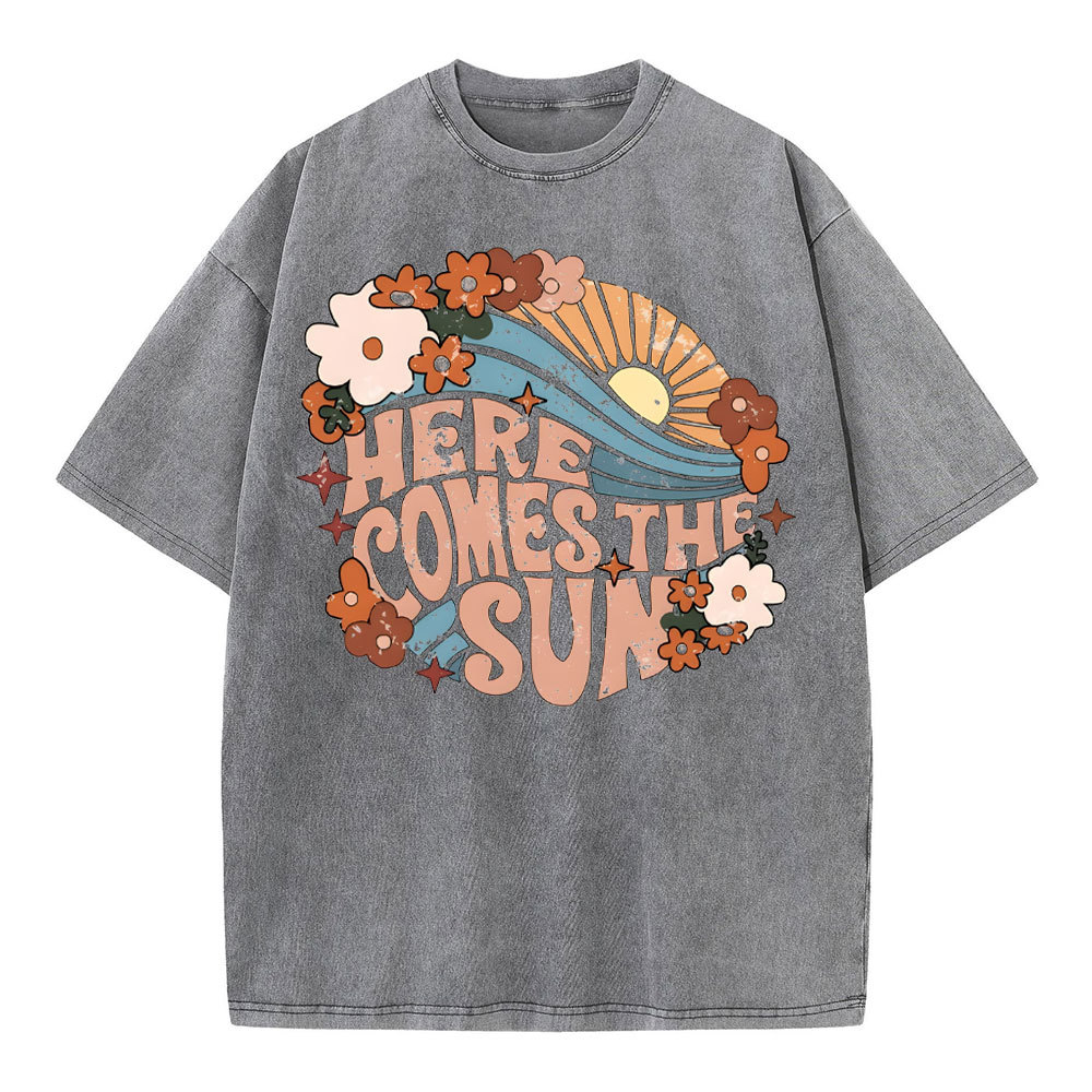 Here Comes THe Sun  Christian Washed T-Shirt Sale-GuidingCross