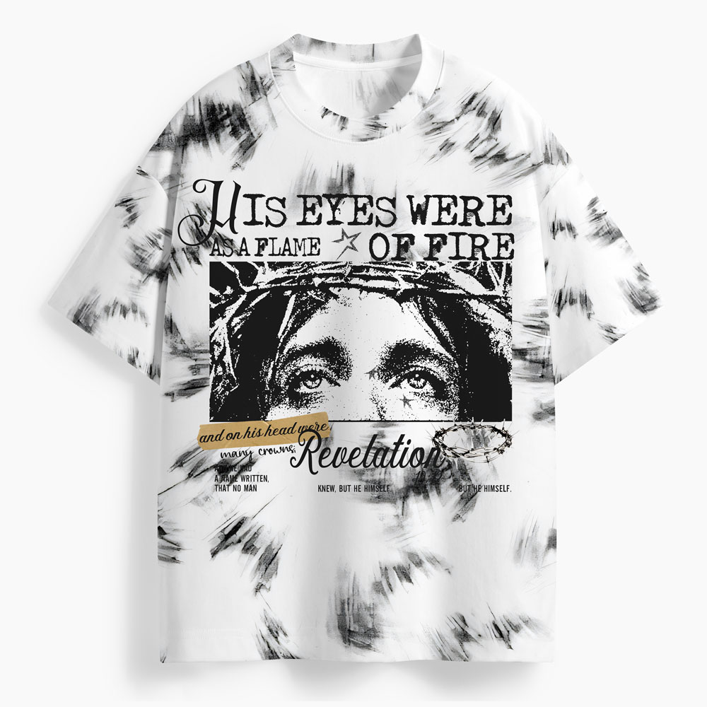 His Eyes Were As A Flame Of Fire Oversized All-Over Print Christian T-Shirt