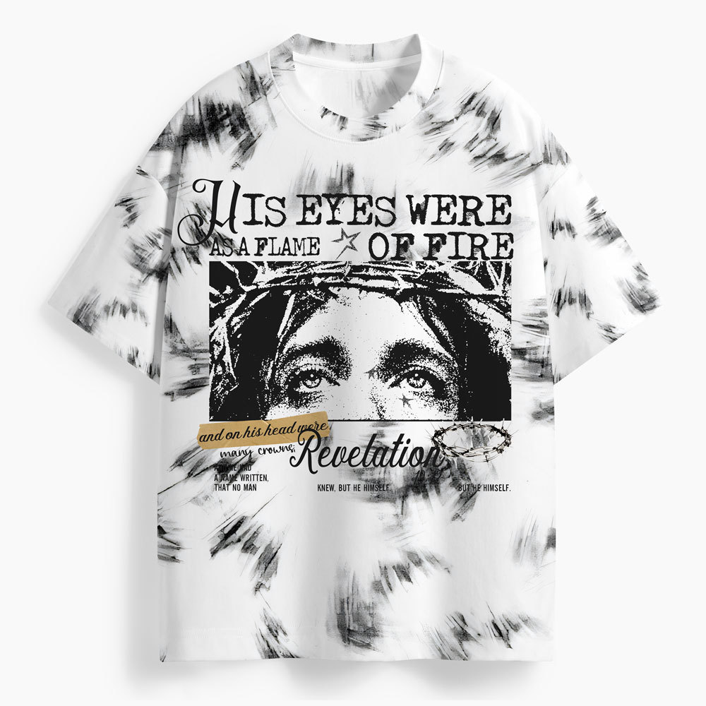 His Eyes Were As A Flame Of Fire Oversized All-Over Print Christian T-Shirt
