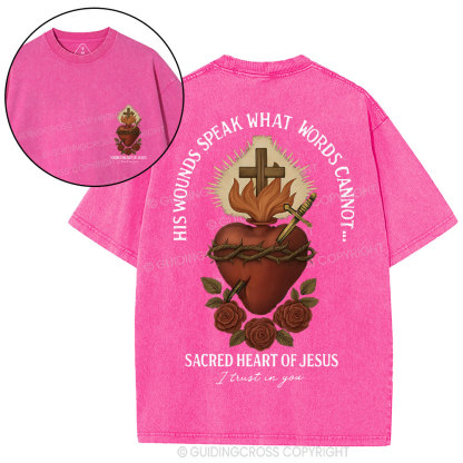 His Wounds Speak What Words Cannot Sacred Heart Of Jesus Christian Washed T-Shirt