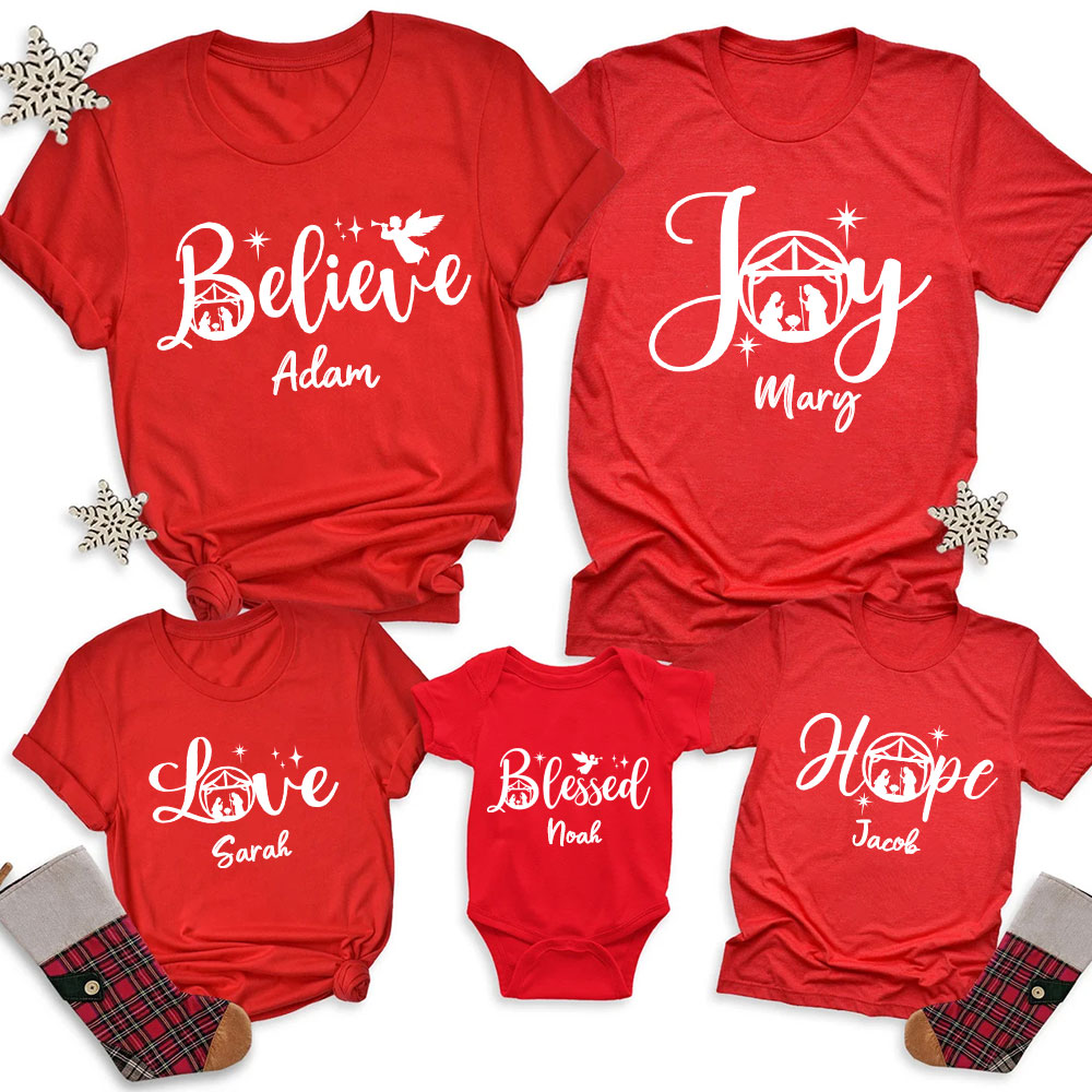 Hope Love Joy Believe Jesus Nativity Christmas Family Matching Shirts