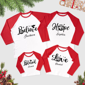 Image of Hope Love Joy Believe Jesus Nativity Christmas Family Raglan Long Sleeve T-Shirt