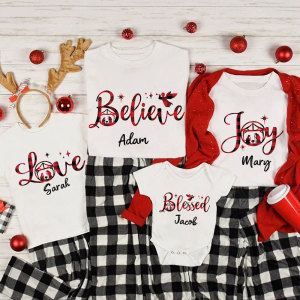 Image of Hope Love Joy Believe Jesus Nativity Red Plaid Christmas Family Matching Shirts