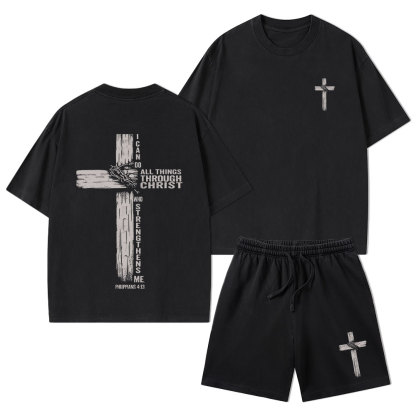 I Can Do All Things Through Christ Christian Washed T-Shirt & Shorts
