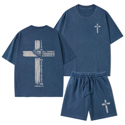 I Can Do All Things Through Christ Christian Washed T-Shirt & Shorts