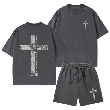 I Can Do All Things Through Christ Christian Washed T-Shirt & Shorts