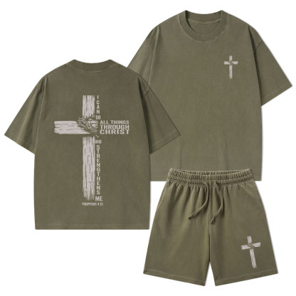 I Can Do All Things Through Christ Christian Washed T-Shirt & Shorts