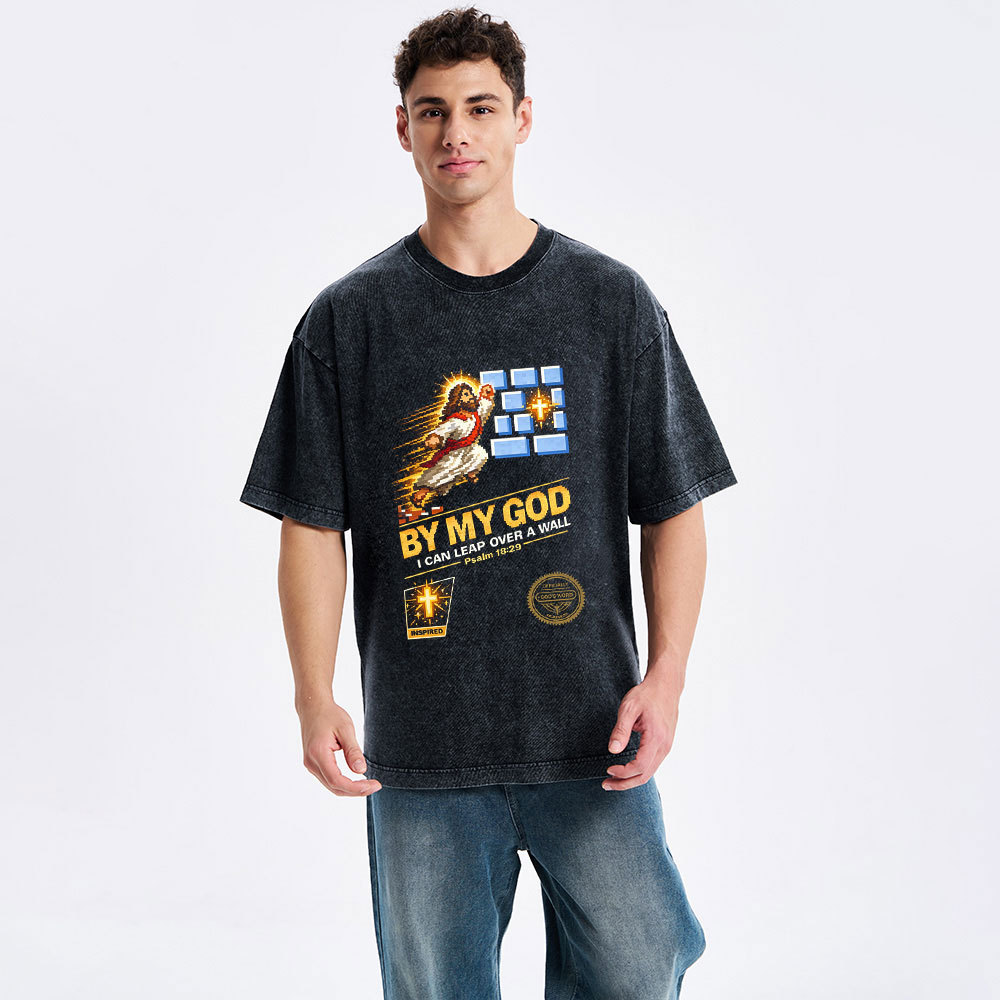 I Can Leap Over A Wall By My God Christian Washed T-Shirt