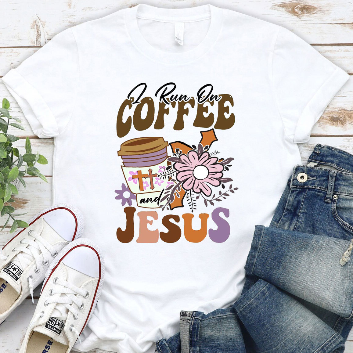 I Run On Coffee And Jesus Christian T-Shirt