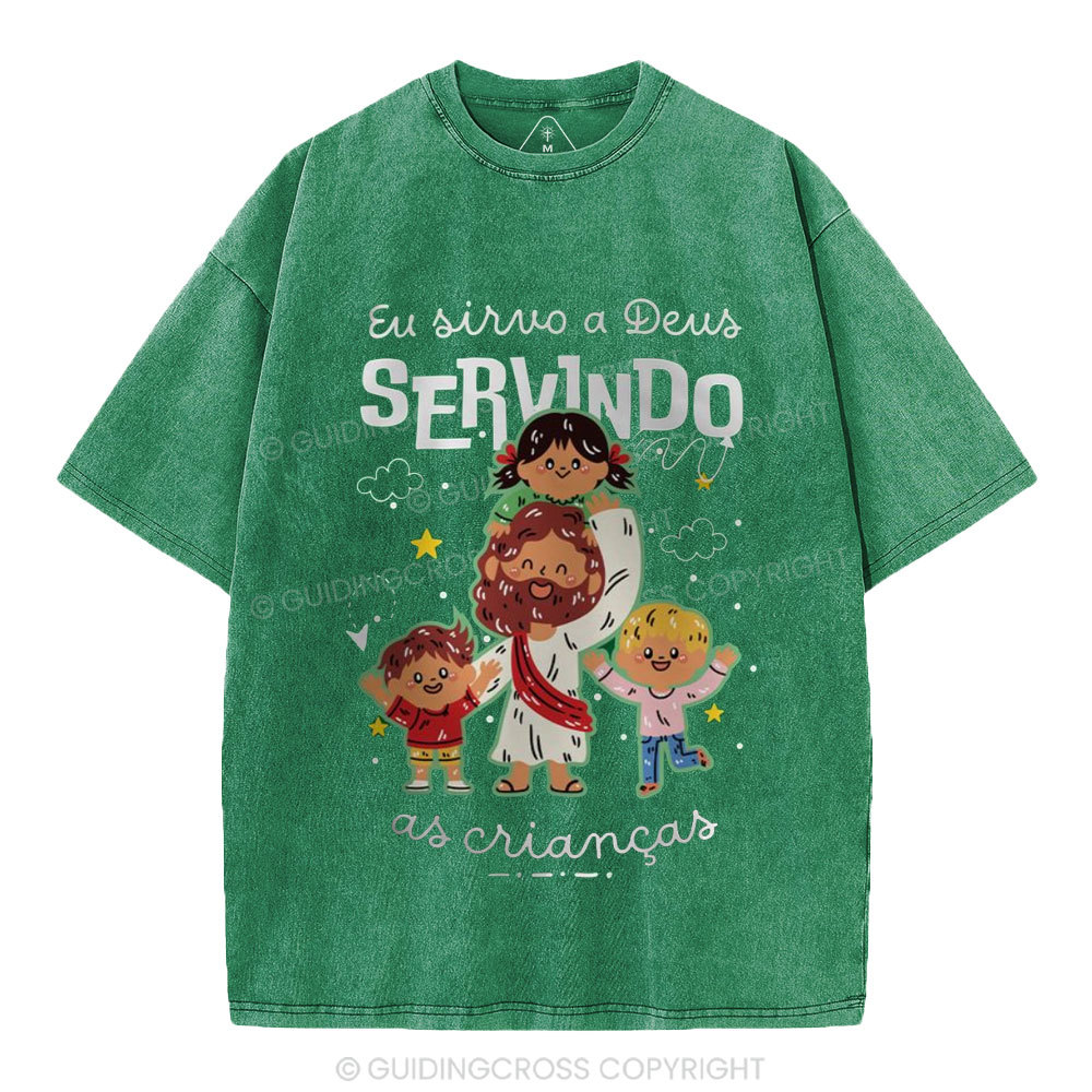 I Serve God By Serving Children Christian Washed T-Shirt
