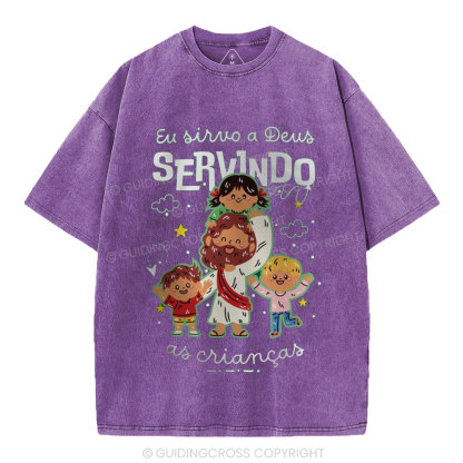 I Serve God By Serving Children Christian Washed T-Shirt