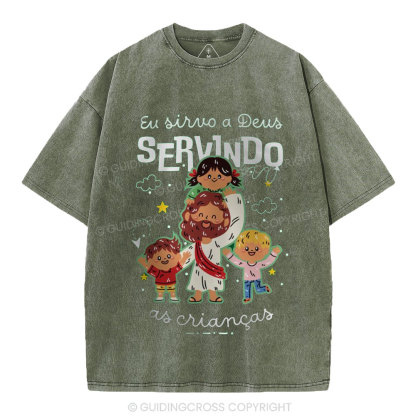 I Serve God By Serving Children Christian Washed T-Shirt