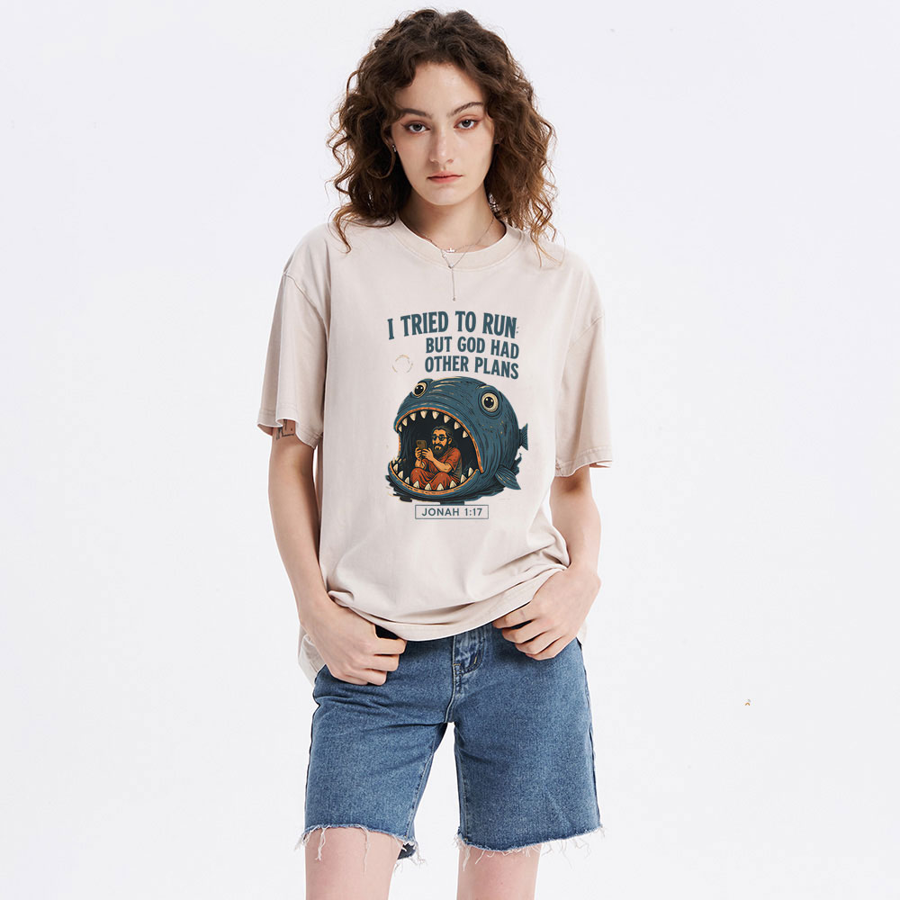 I Tried To Run But God Had Other Plans Christian Washed T-Shirt