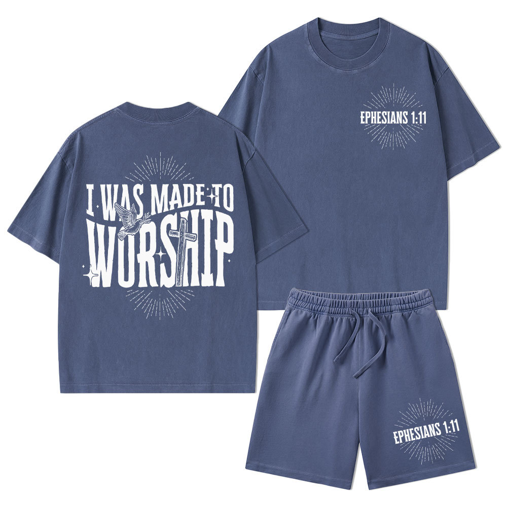 I Was Made To Worship Christian Washed T-Shirt & Shorts