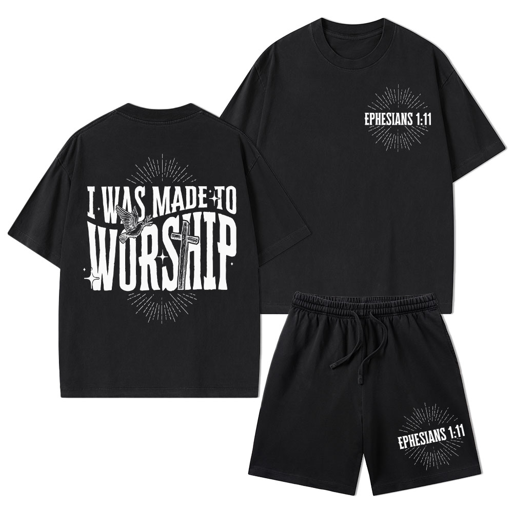 I Was Made To Worship Christian Washed T-Shirt & Shorts