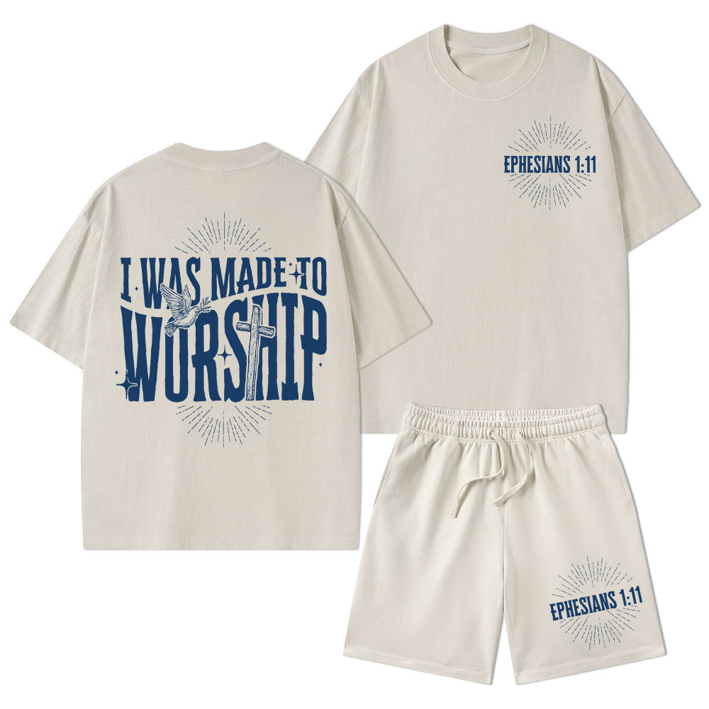 I Was Made To Worship Christian Washed T-Shirt & Shorts