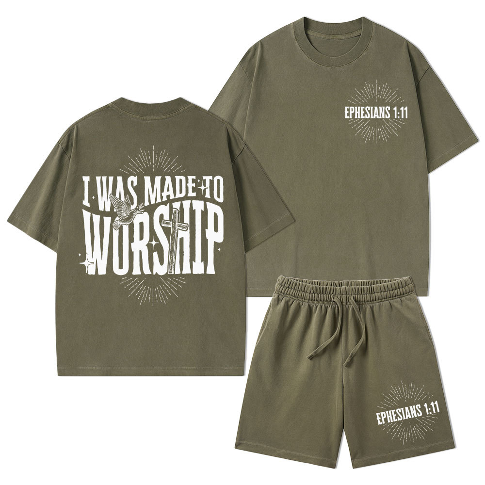 I Was Made To Worship Christian Washed T-Shirt & Shorts