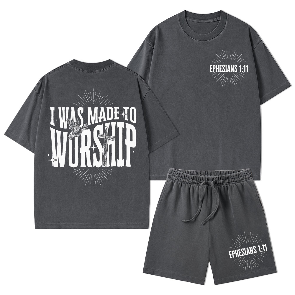 I Was Made To Worship Christian Washed T-Shirt & Shorts