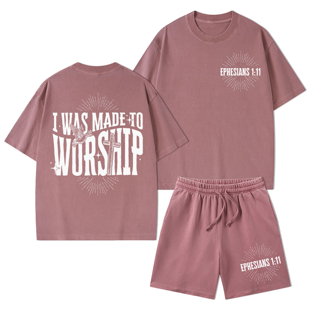 I Was Made To Worship Christian Washed T-Shirt & Shorts