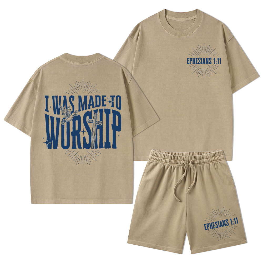 I Was Made To Worship Christian Washed T-Shirt & Shorts