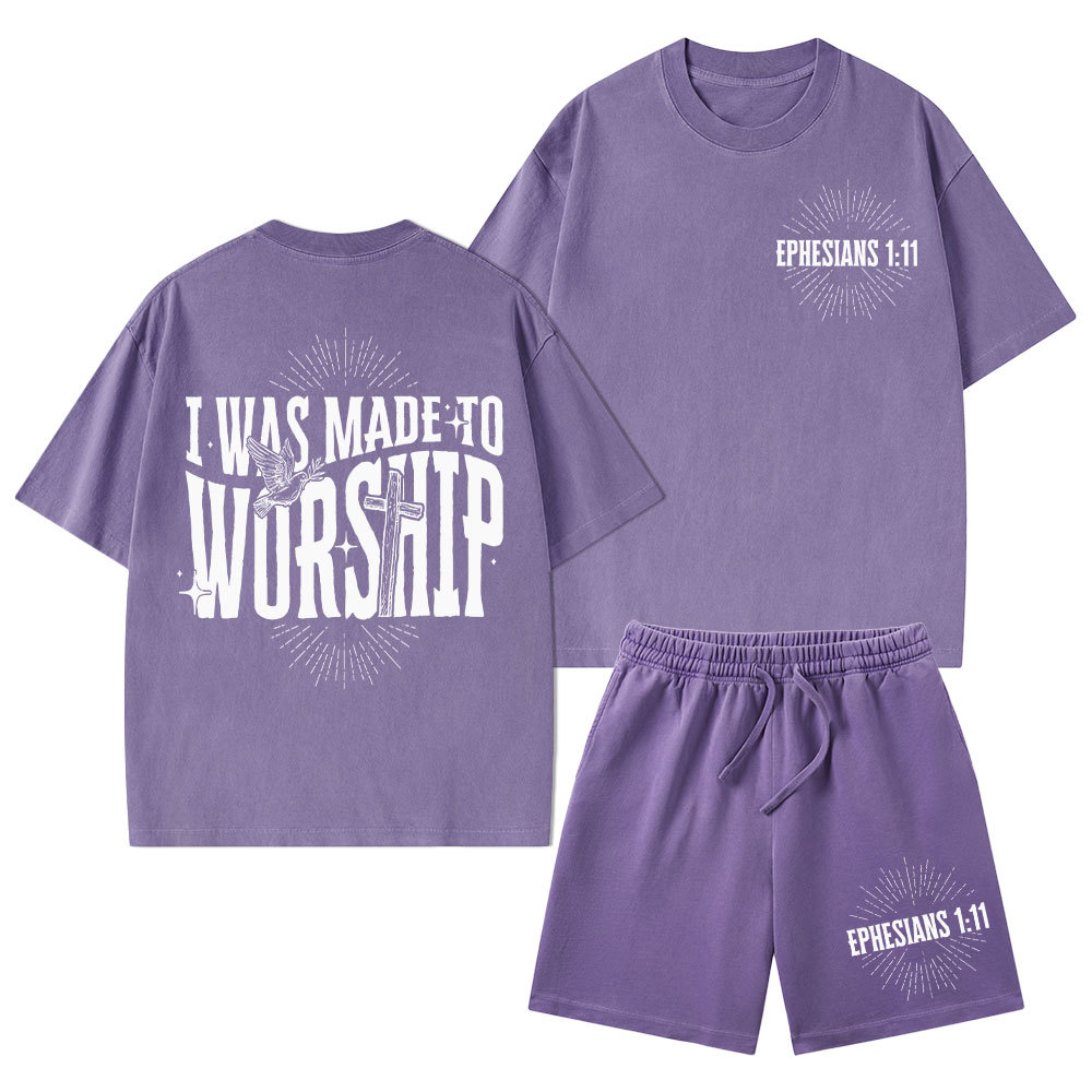 I Was Made To Worship Christian Washed T-Shirt & Shorts