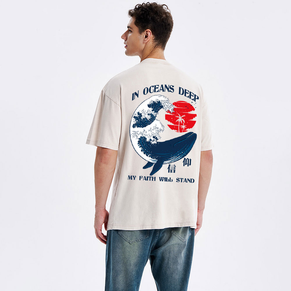 In Oceans Deep My Faith Will Stand Whale Christian Washed T-Shirt