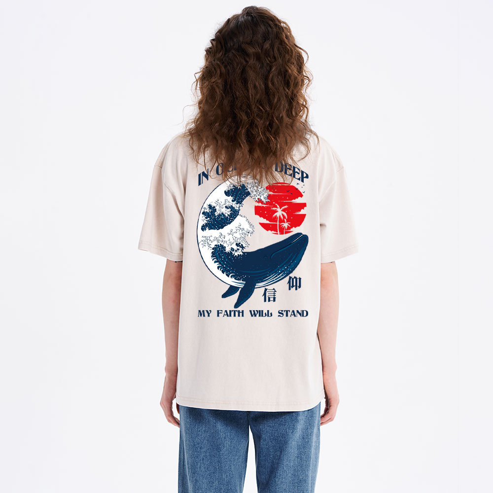 In Oceans Deep My Faith Will Stand Whale Christian Washed T-Shirt